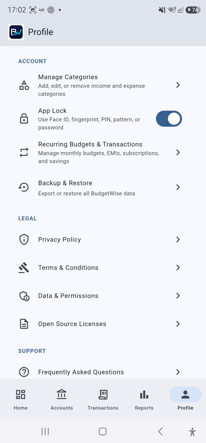 BudgetWise Settings & security screen